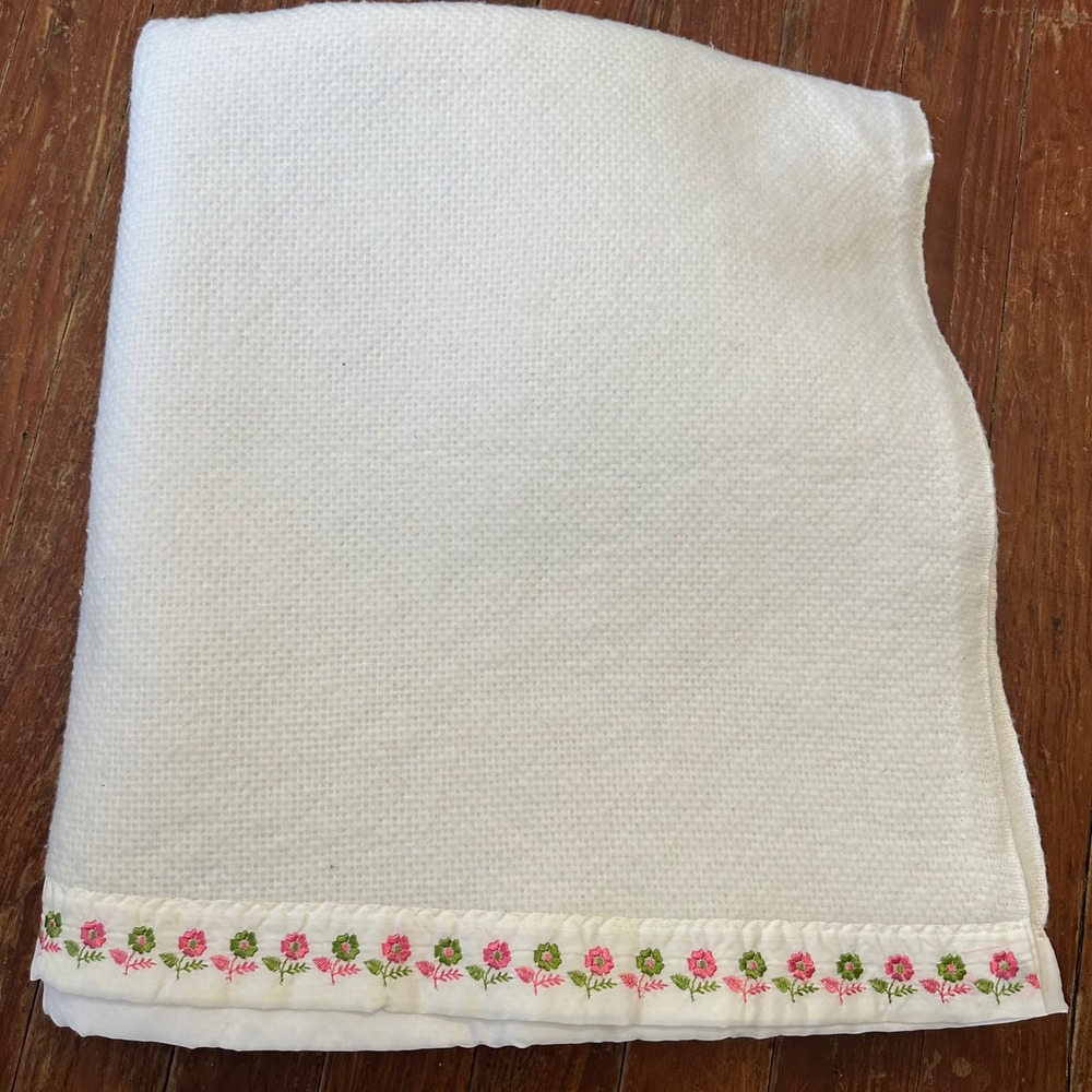 Vintage Cream Waffle Weave Thermal Blanket Pink Floral Embroidered Satin Trim